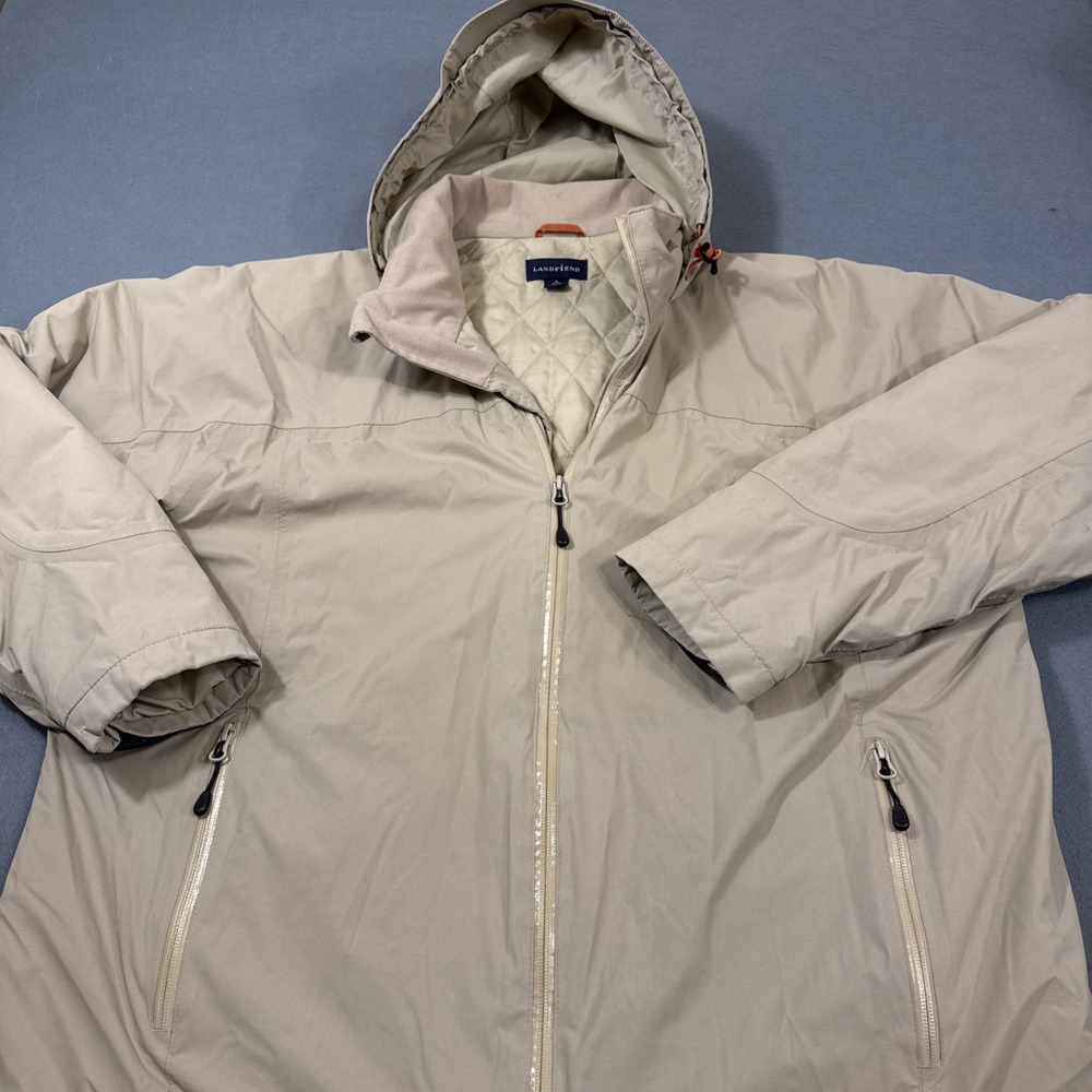 JACKET THERMOLITE‎ MENS XL 42-46 LANDS' END Men's Tan Aquacheck Hooded Coat